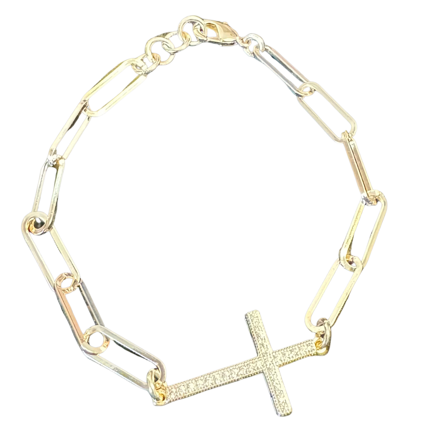 A striking style, this Cross Bracelet is made of a gold chain link material and features an eye-catching cross accent. The adjustable design ensures a comfortable fit to suit your individual style.