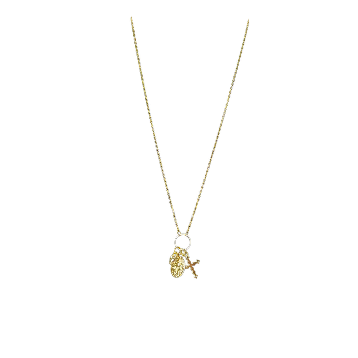 Elevate your everyday style with this delicate Cross Charm Necklace from Perdido Gems. Crafted in lustrous gold, this short necklace features three meaningful charms that add dimension and personal flair to any outfit. Perfect for layering or wearing solo, it's a versatile piece that transitions seamlessly from day to night. The thoughtful charm design makes it an ideal gift for someone special or a timeless addition to your own jewelry collection.