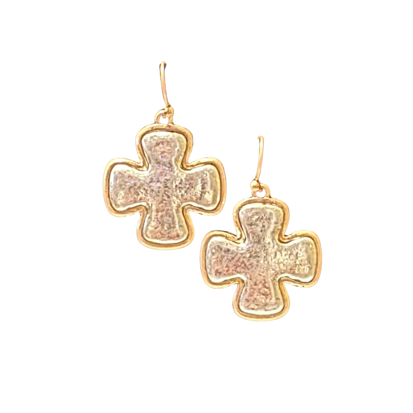 Garden Party's Cross Dangle Earrings showcase masterful metalwork with their mixed gold and silver finish. The suspended cross pendant design creates an understated yet striking aesthetic, allowing the contrasting metals to complement each other while maintaining visual balance. These dangling earrings offer refined elegance with subtle movement, making them a sophisticated choice for those seeking jewelry that bridges classic spirituality with modern style sensibilities.