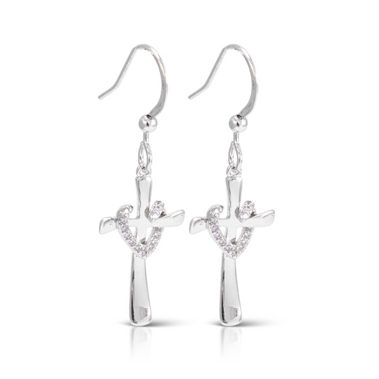Enhance your elegance with our Timeless Radiance Cross Heart Earrings. Crafted with silver, these elegant drop earrings feature a beautiful cross design with sparkling rhinestone accents. A perfect addition to any outfit for a touch of sophistication and radiance.
