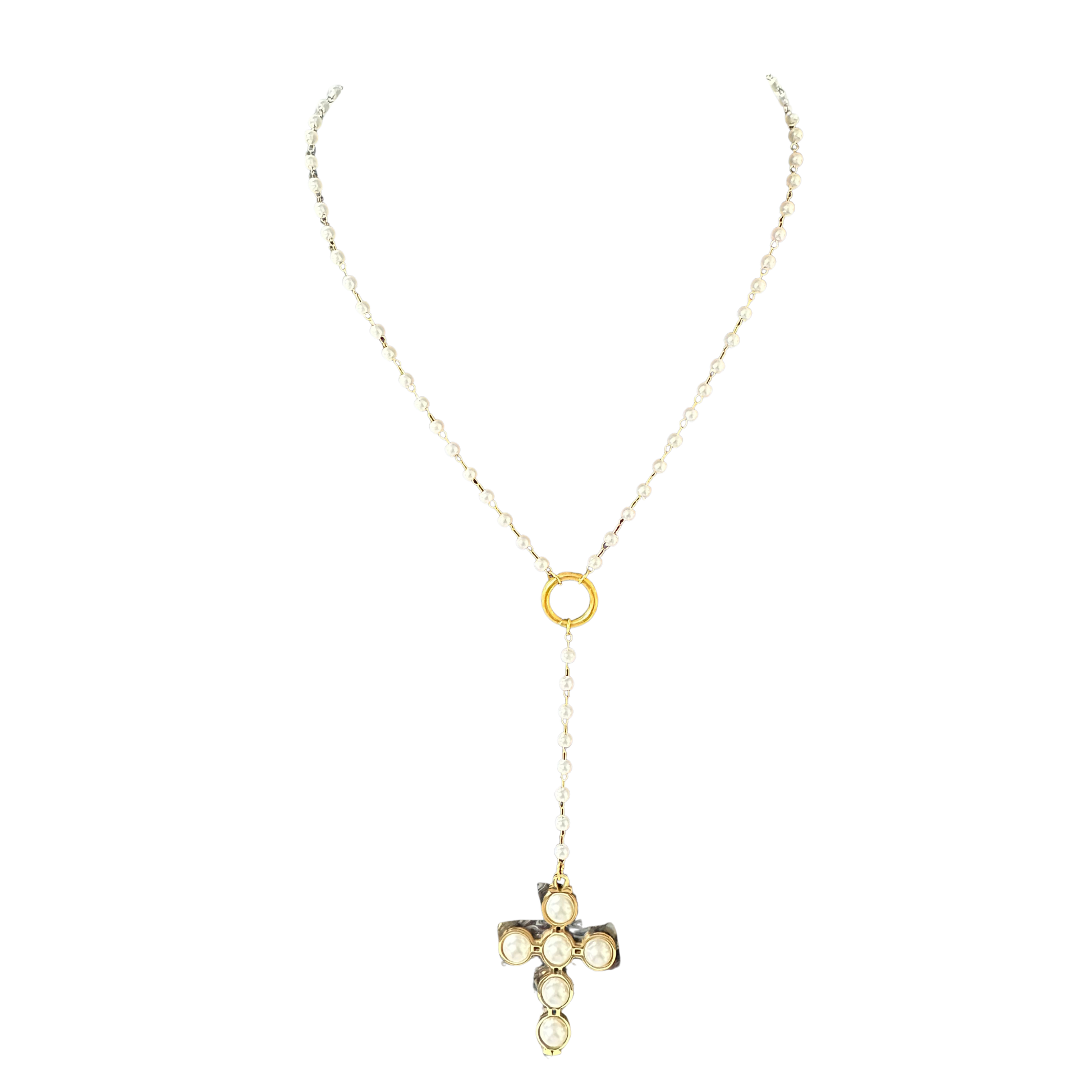 Elegant pearl cross necklace featuring lustrous pearl accents and a delicate gold-toned pendant. This short necklace offers a timeless, versatile look perfect for everyday wear or special occasions. The refined design combines classic symbolism with modern sophistication, making it an ideal accessory for layering or wearing solo.