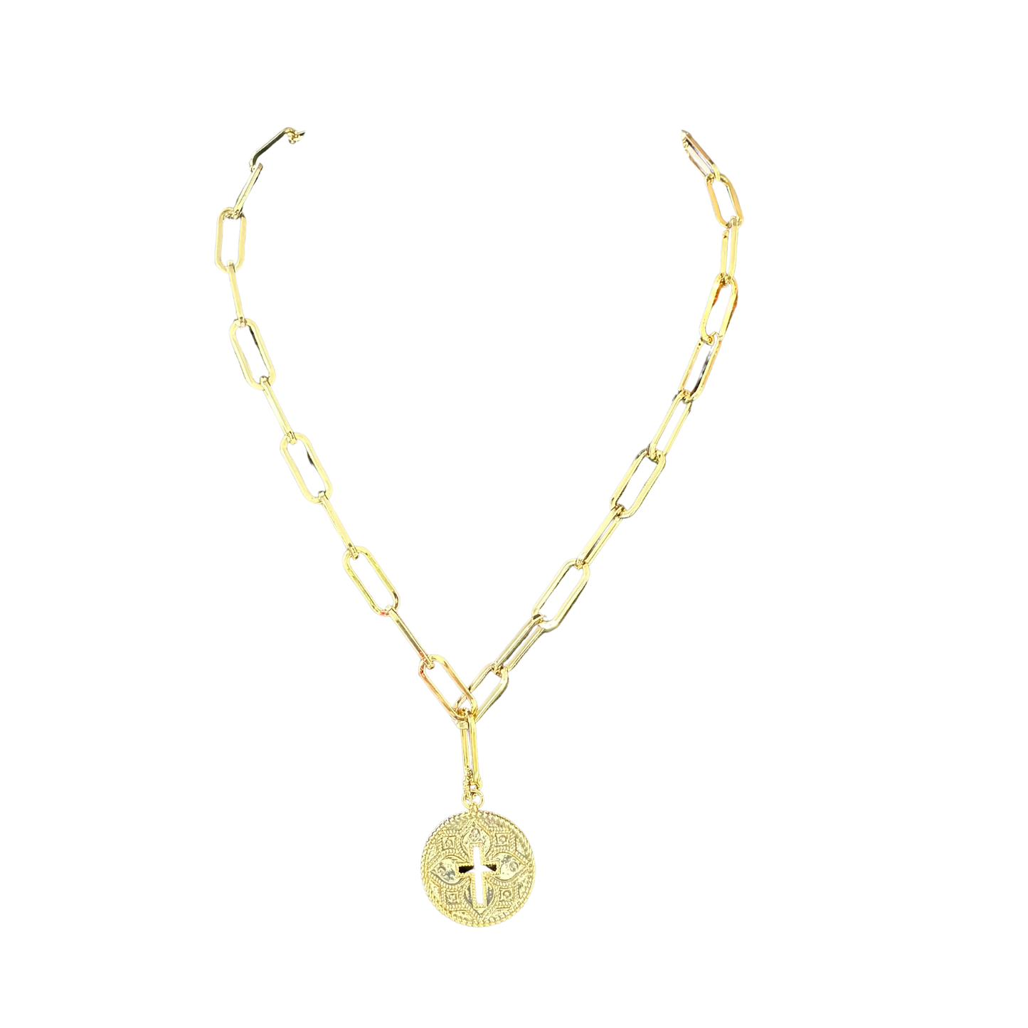 Elegant gold cross pendant necklace featuring a timeless design. This short necklace combines spiritual symbolism with sophisticated style, perfect for everyday wear or layering. The polished gold finish adds warmth and versatility to any outfit. A meaningful accessory that works beautifully as a personal keepsake or thoughtful gift.
