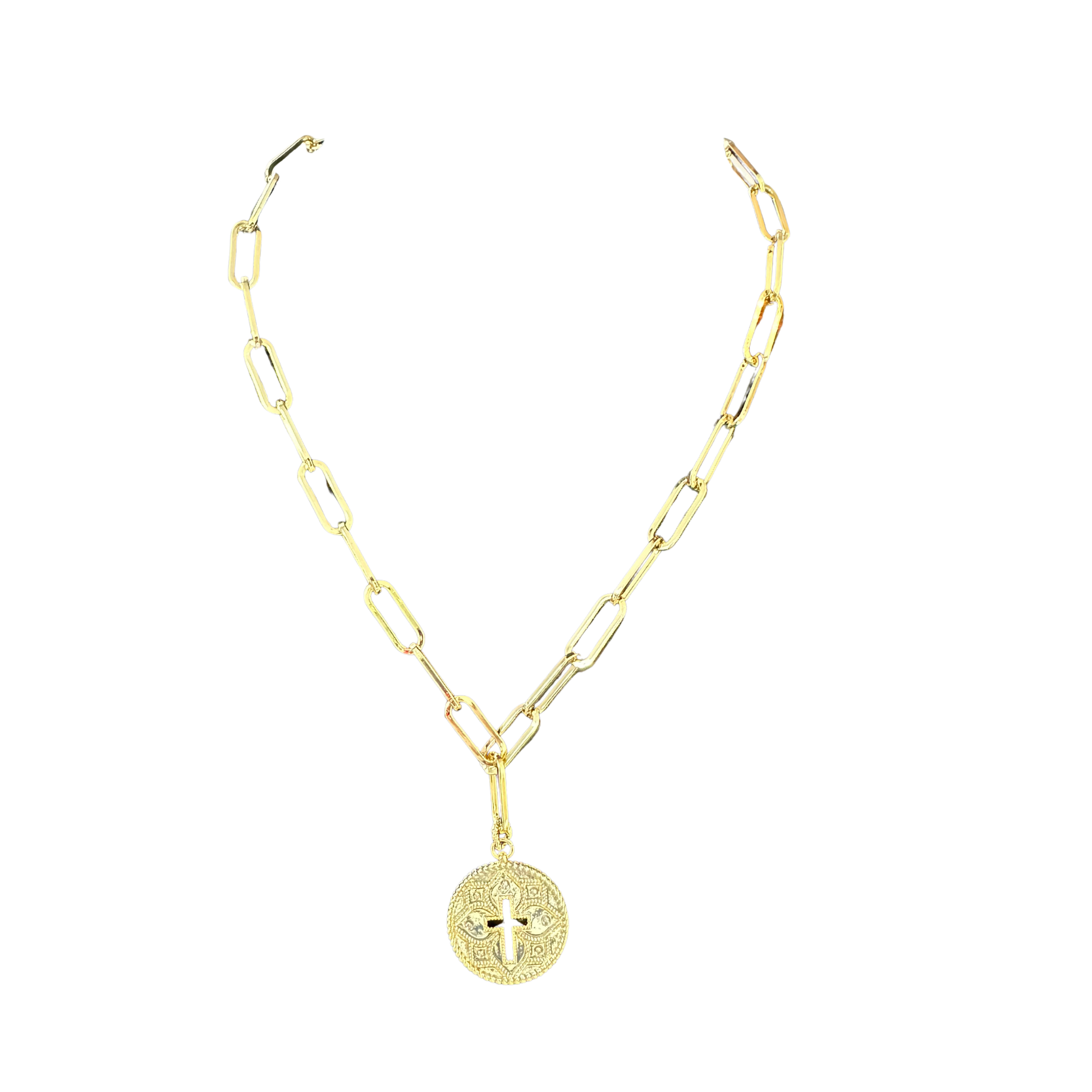 Elegant gold cross pendant necklace featuring a timeless design. This short necklace combines spiritual symbolism with sophisticated style, perfect for everyday wear or layering. The polished gold finish adds warmth and versatility to any outfit. A meaningful accessory that works beautifully as a personal keepsake or thoughtful gift.