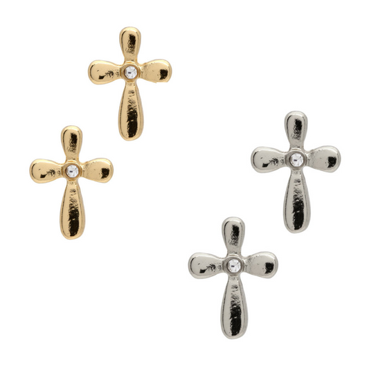 Cross earrings with rhinestone accent and rounded edges. Available in silver and gold.