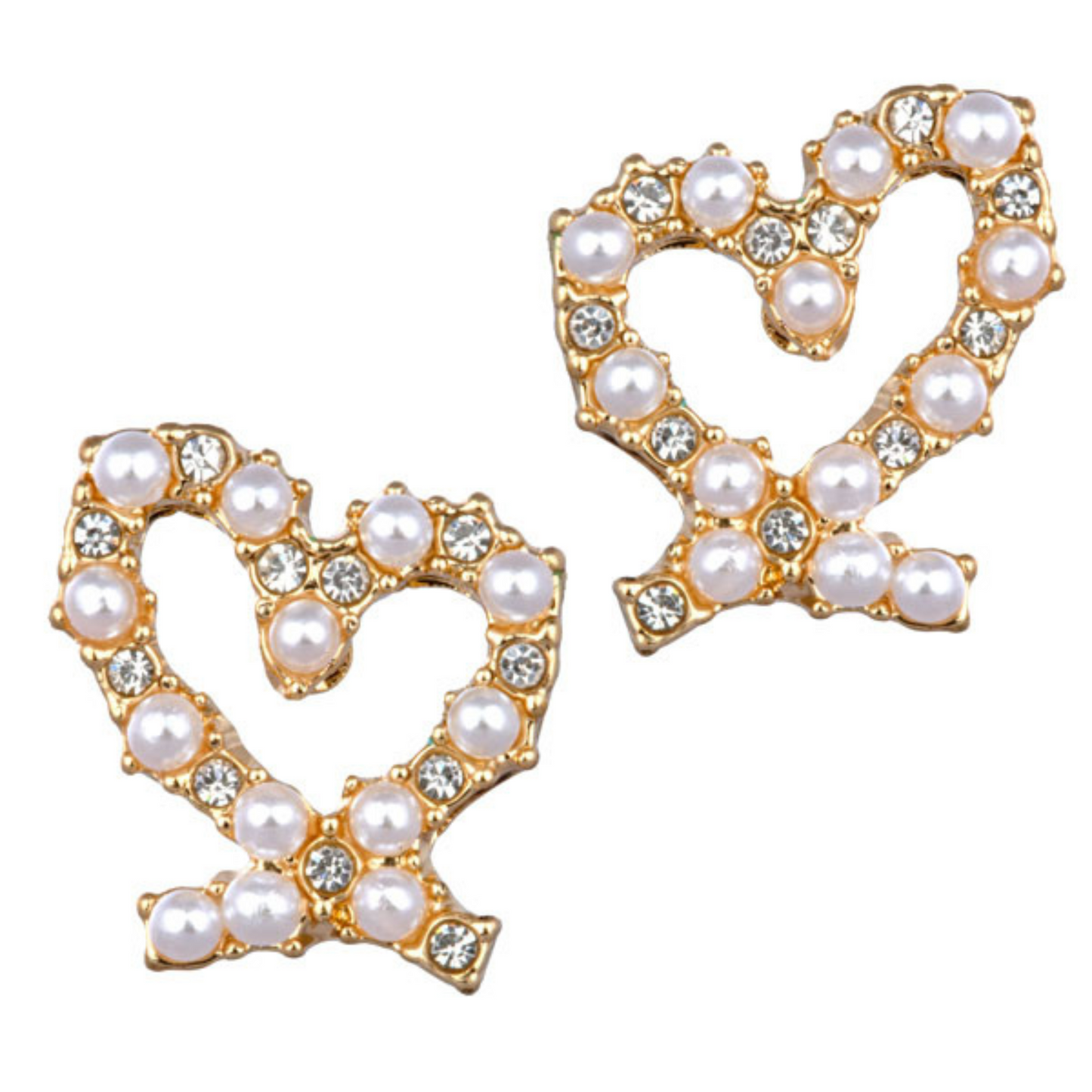 gold heart shaped stud earrings with pearl and rhinestone accents