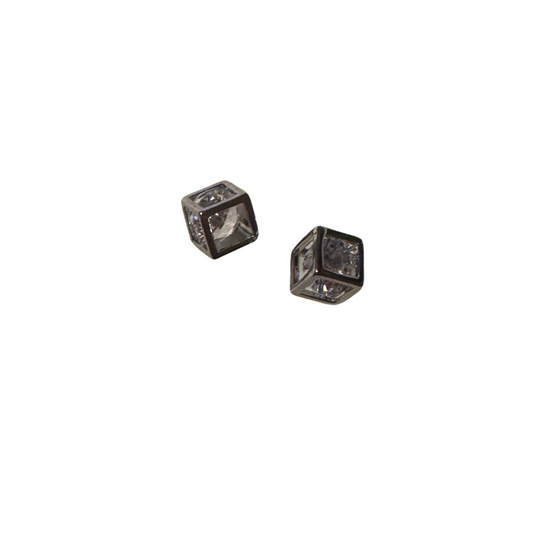 As a product expert, I confidently present our Cube Stud Earrings. Made of polished silver, these earrings feature a sleek cube design with delicate rhinestone accents for a touch of sparkle and elegance. These dainty earrings are perfect for adding a subtle yet stylish touch to any outfit.