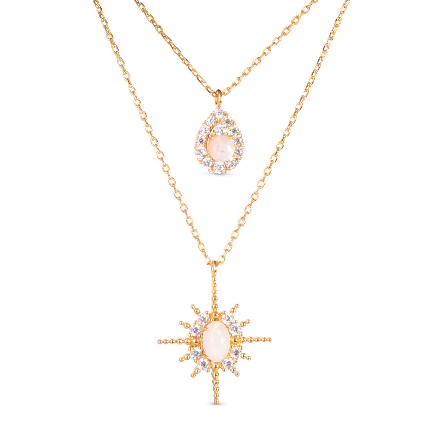 This Opal Double Necklace is a must-have for any jewelry lover. Made of gold and adorned with sparkling rhinestone accents, this necklace offers the perfect blend of elegance and style. Plus, with the unique design of having two necklaces in one, you can mix and match to create your own unique look. Add this versatile piece to your collection today.