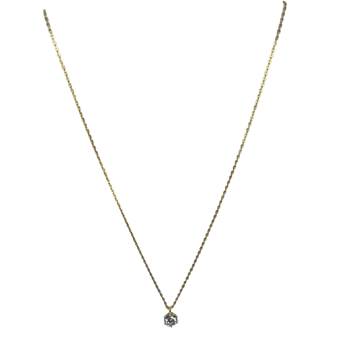 This elegant Dainty Rhinestone Necklace features a gold chain adorned with a small rhinestone accent. The delicate design adds a touch of sophistication to any outfit. Elevate your style with this short necklace.