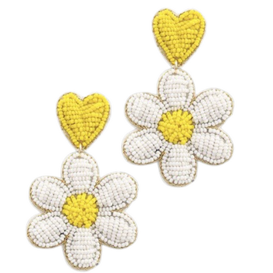 beaded daisy shaped drop earrings with heart accent