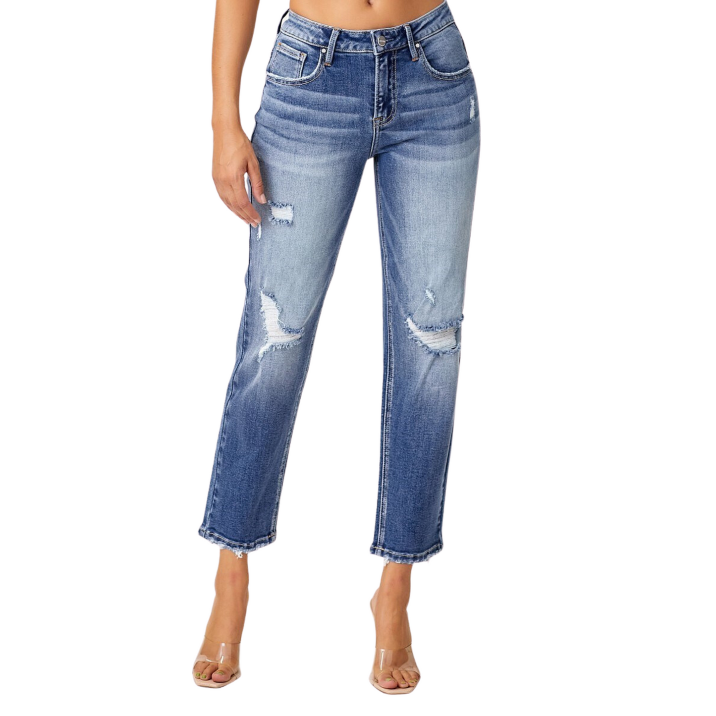 These Mid Rise Distressed Boyfriend Jeans from Risen Brand are perfect for a casual and comfortable look. They feature a dark wash, a cropped fit, and stylish distressed details. Create a unique and fashionable look with these high-quality jeans.