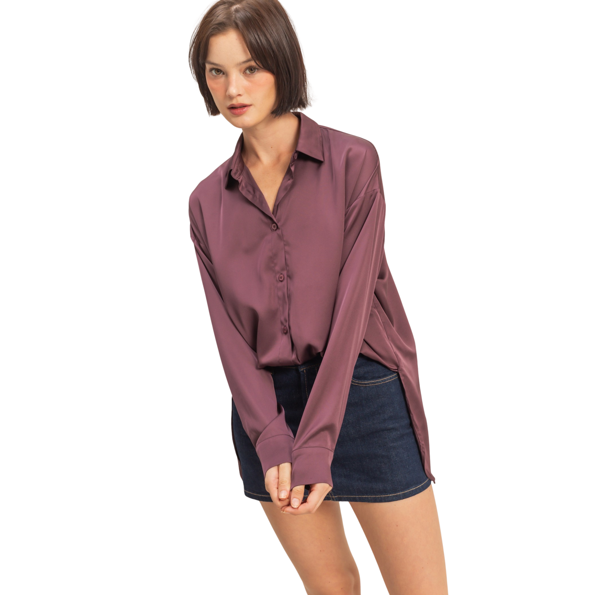 Oversized satin top in dark cherry