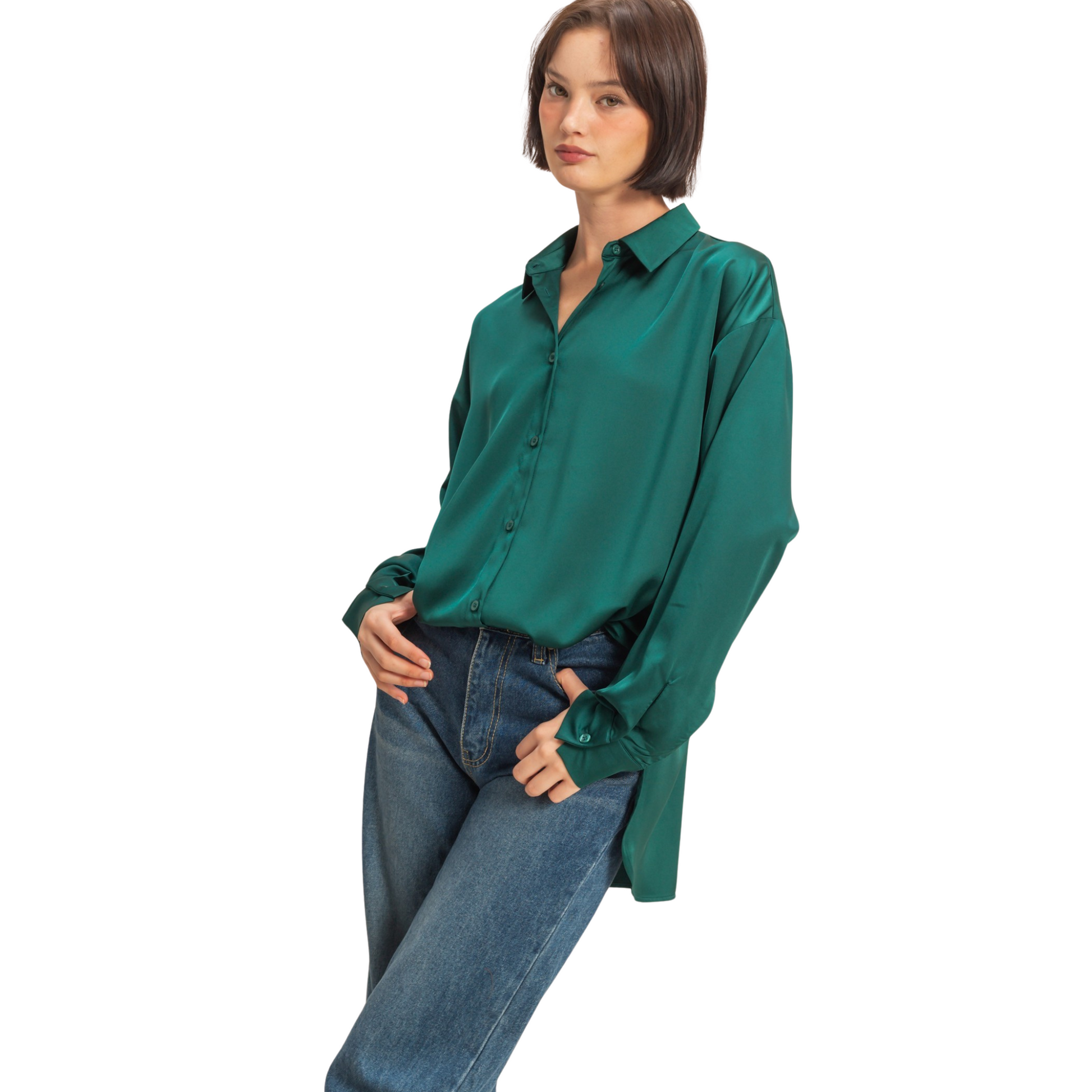 Oversized satin top in dark green