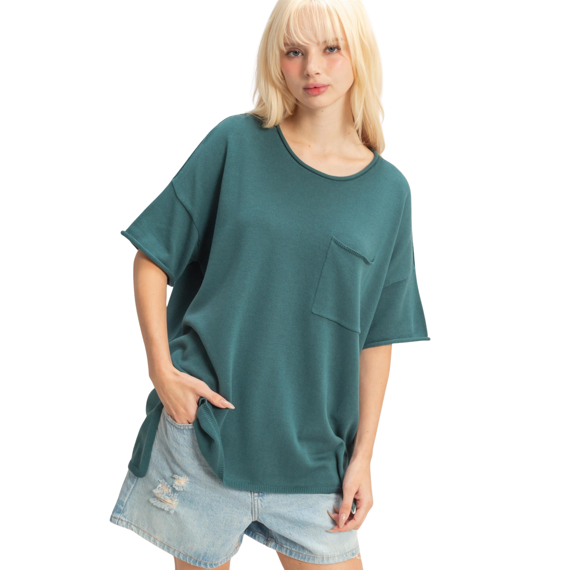 Elevate your casual wardrobe with this oversized pocket tee from HYFVE. Crafted in a rich dark teal, this relaxed-fit essential features a classic round neckline and functional pocket accent for everyday style. Perfect for layering or wearing solo, it's the versatile piece you'll reach for again and again.