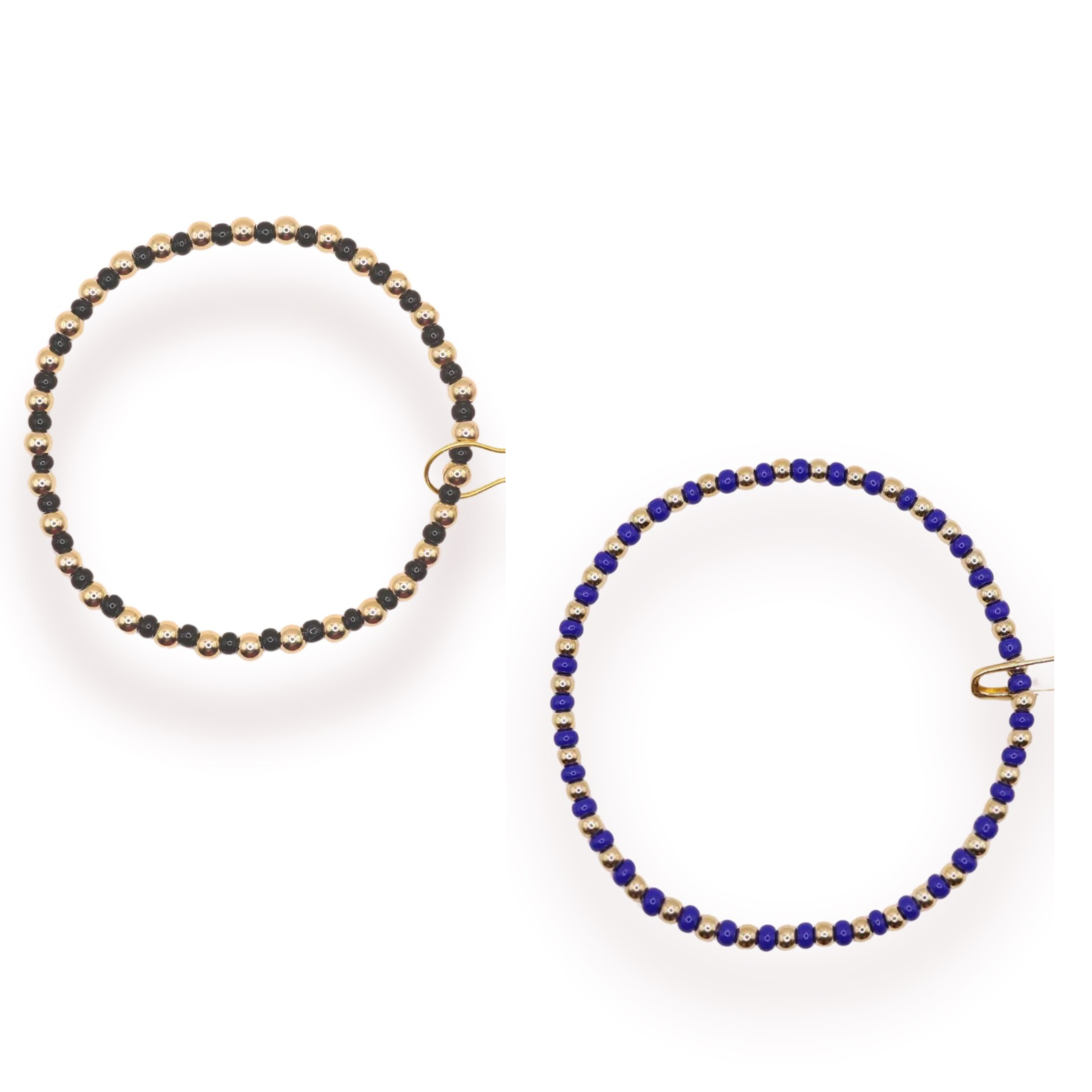 The Demi Bracelet by Beaded Blondes features delicate gold beads strung together for an elegant, versatile look. Available in cobalt blue or black, this piece effortlessly transitions from casual to dressed-up occasions. The timeless gold-and-bead design pairs beautifully with any outfit, making it a must-have addition to your jewelry collection.