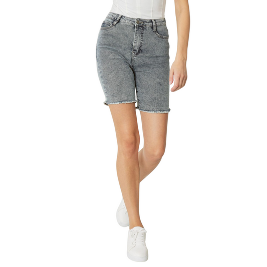Expertly crafted in acid wash denim, these bermuda shorts offer a distressed hem and trendy style. With a zipper and button closure, pockets at front and back, and belt loops, these shorts are both fashionable and functional. The soft knit fabric provides a lightweight and non-sheer feel for all-day comfort.