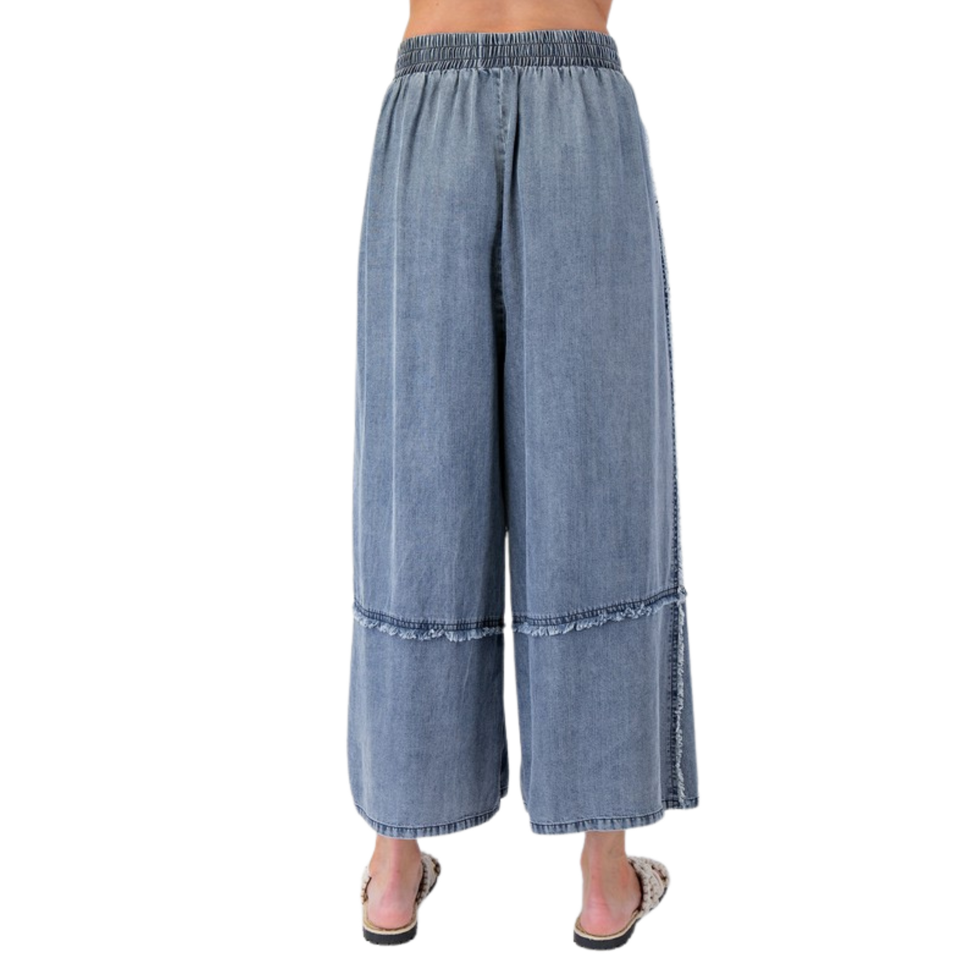 Update your wardrobe with our Chambray Palazzo Pants! These washed denim pants offer a relaxed and loose fit, perfect for a comfortable and stylish look. The smocked waistband with an adjustable tie provides a flattering silhouette while the frayed panel detailing adds a touch of uniqueness. With functional front pockets and a wide leg design, these pants are both practical and chic.