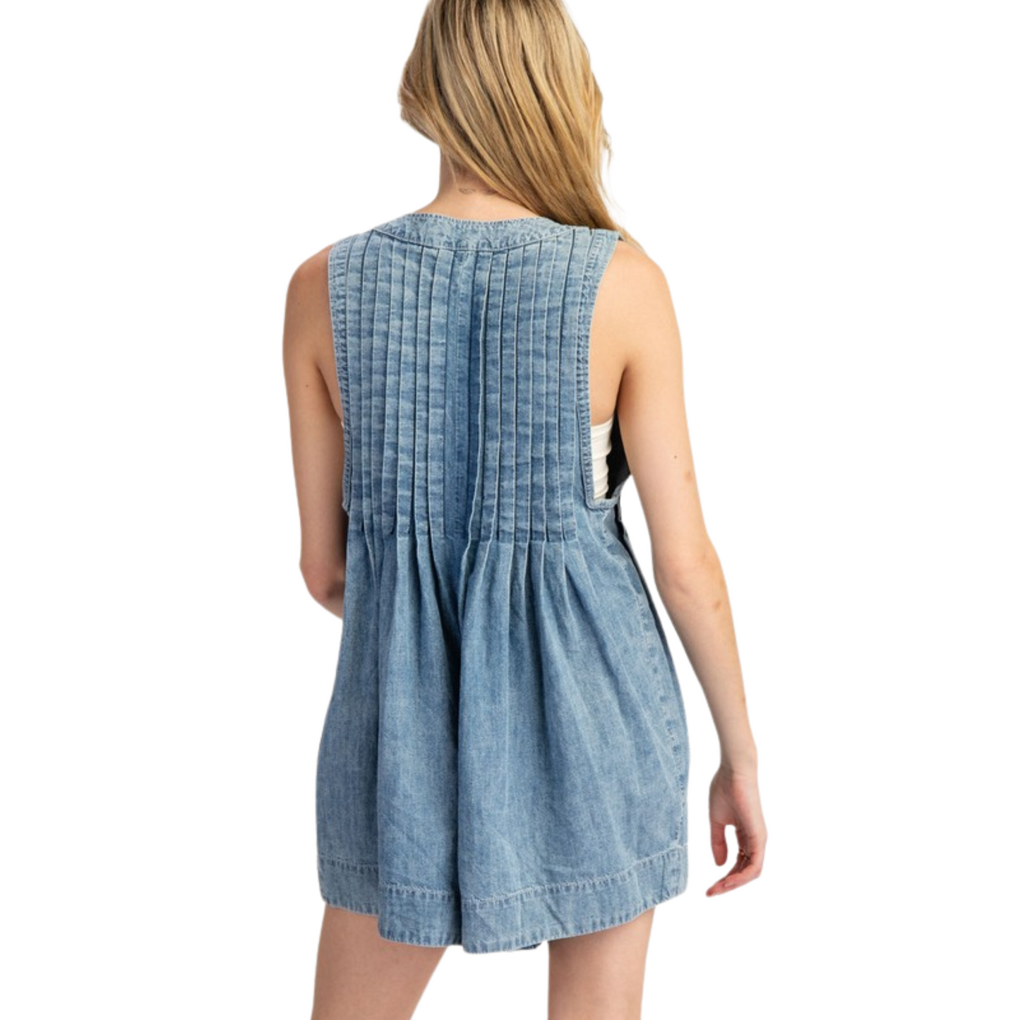 Expertly crafted, this Mineral Wash Tie Waist Romper combines style and comfort for a versatile addition to your wardrobe. The deep V-neckline and front tie closure add a touch of sophistication, while the front and back pleats elevate the overall design. With a relaxed fit and side zipper closure, this sleeveless romper is perfect for any occasion.