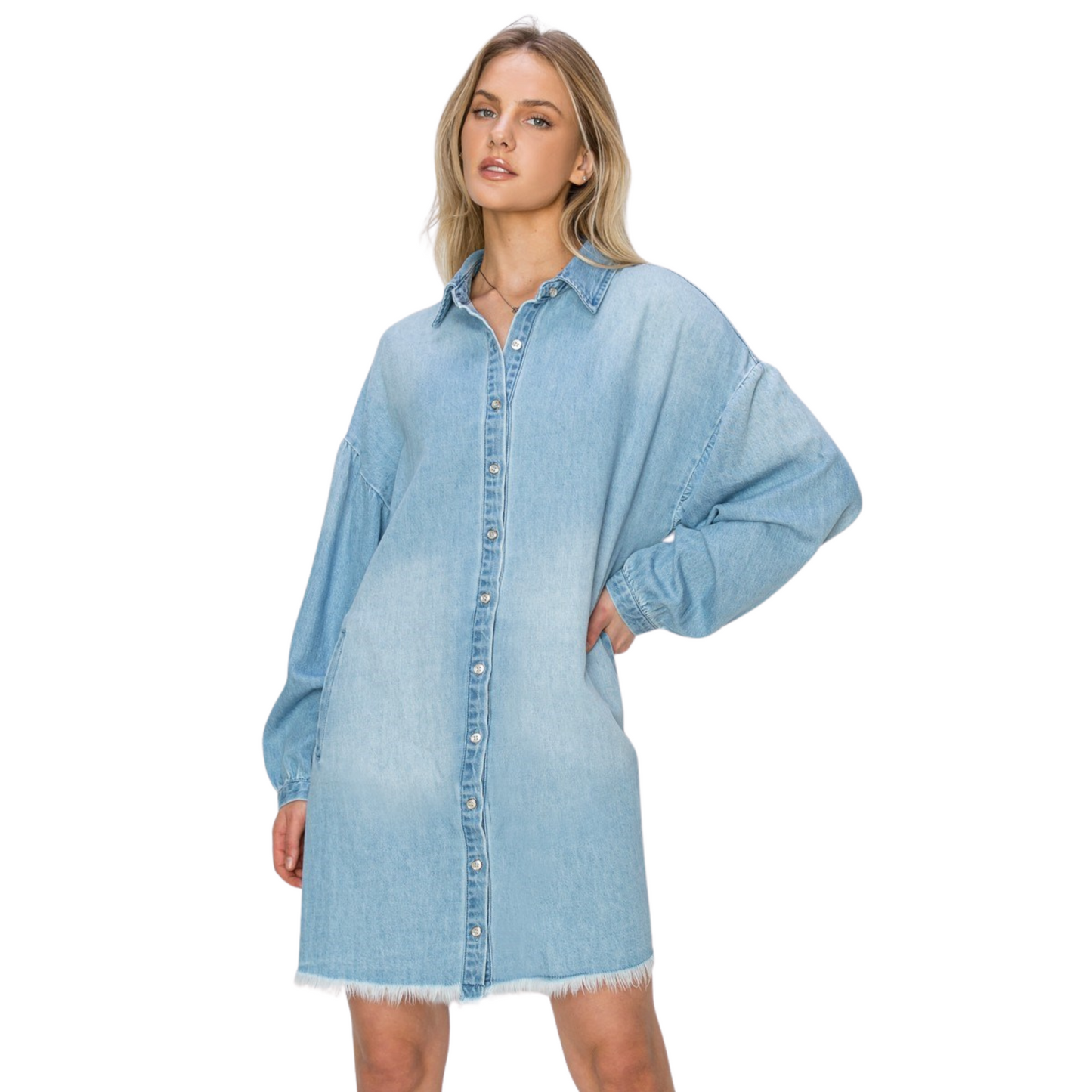 This Denim Shirt Dress by Risen offers a chic and versatile addition to your wardrobe. Crafted with a medium wash denim and featuring a button-down front, this mini dress is perfect for both casual and dressy occasions. The long sleeves add a touch of sophistication to this timeless piece.