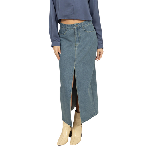 This Mid-length denim skirt features a chic front slit for added movement and style. The classic denim fabric provides a timeless look while the front slit offers a modern twist. Perfect for casual outings or dressing up with heels, this skirt is a versatile addition to any wardrobe.&nbsp;