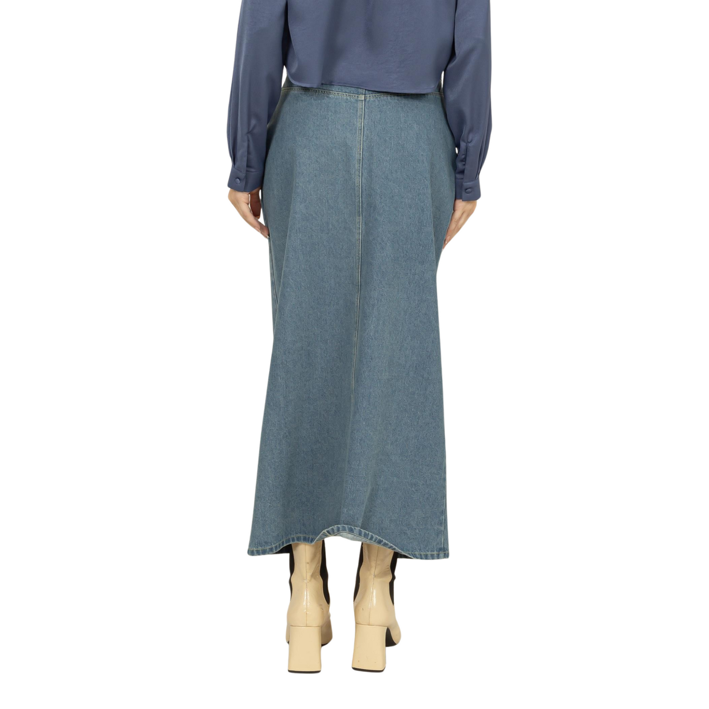 This Mid-length denim skirt features a chic front slit for added movement and style. The classic denim fabric provides a timeless look while the front slit offers a modern twist. Perfect for casual outings or dressing up with heels, this skirt is a versatile addition to any wardrobe.&nbsp;