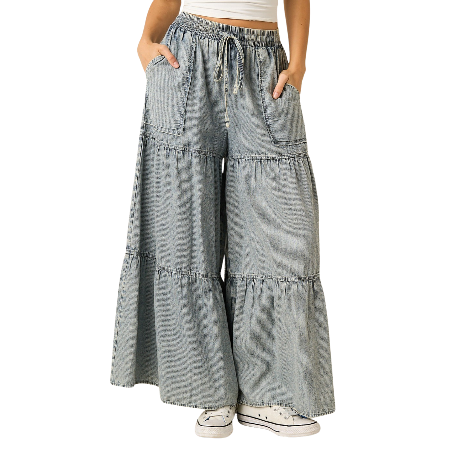 Elevate your casual wardrobe with these Mittoshop wide-leg trousers, crafted in soft washed chambray with subtle pinstripes. The adjustable drawstring waist ensures a comfortable, customizable fit, while the relaxed silhouette flatters all body types. Perfect for effortless style that transitions seamlessly from day to night.