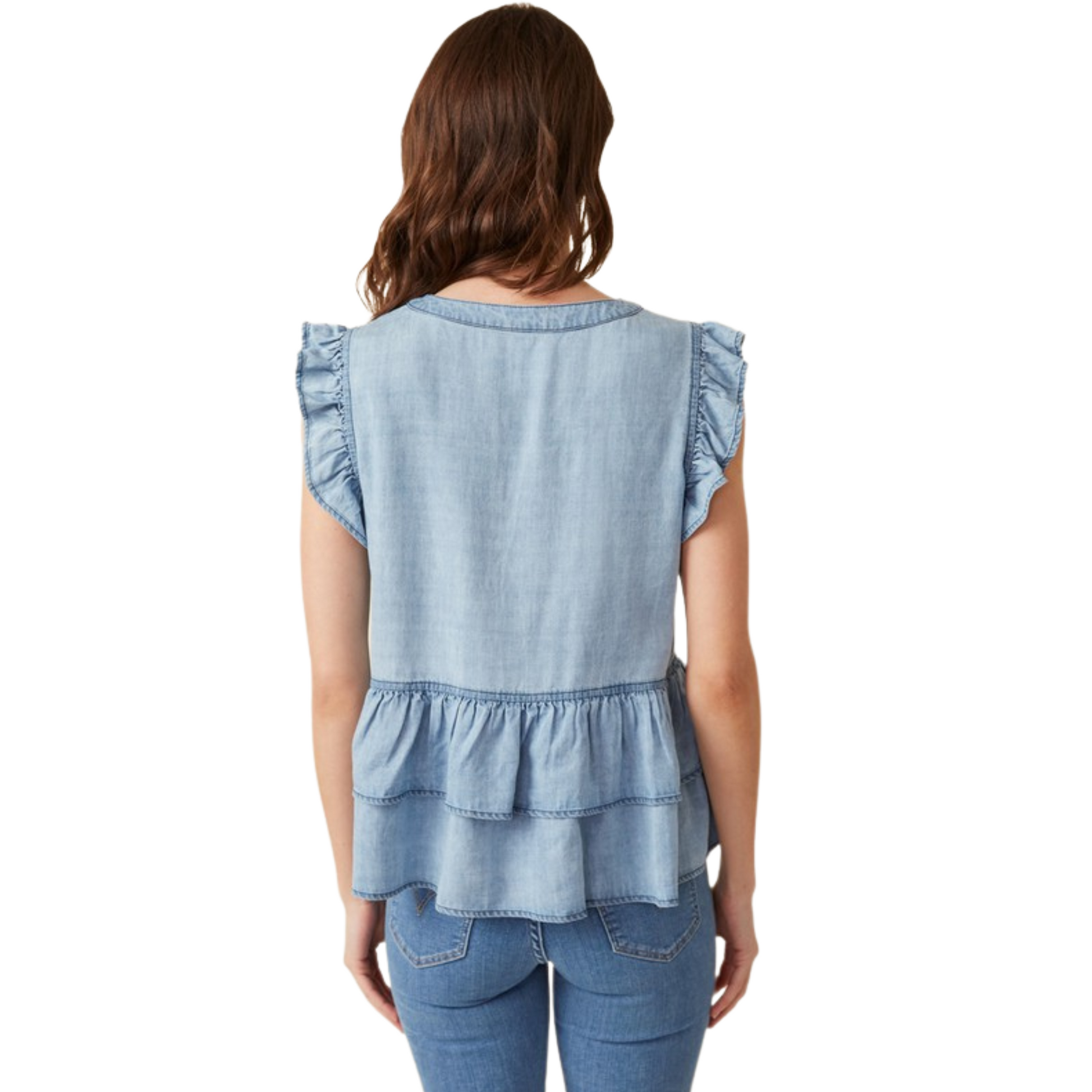This Ruffled Denim Top is crafted from lightweight woven denim fabric with enriching button and ruffle details. Perfectly stylish and designed to flatter, it's an excellent choice for any warm weather ensemble.