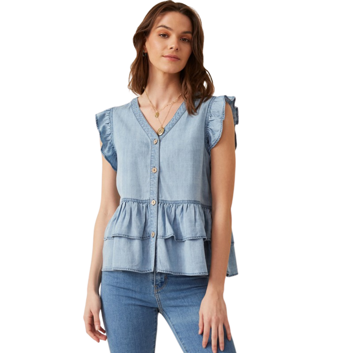 This Ruffled Denim Top is crafted from lightweight woven denim fabric with enriching button and ruffle details. Perfectly stylish and designed to flatter, it's an excellent choice for any warm weather ensemble.