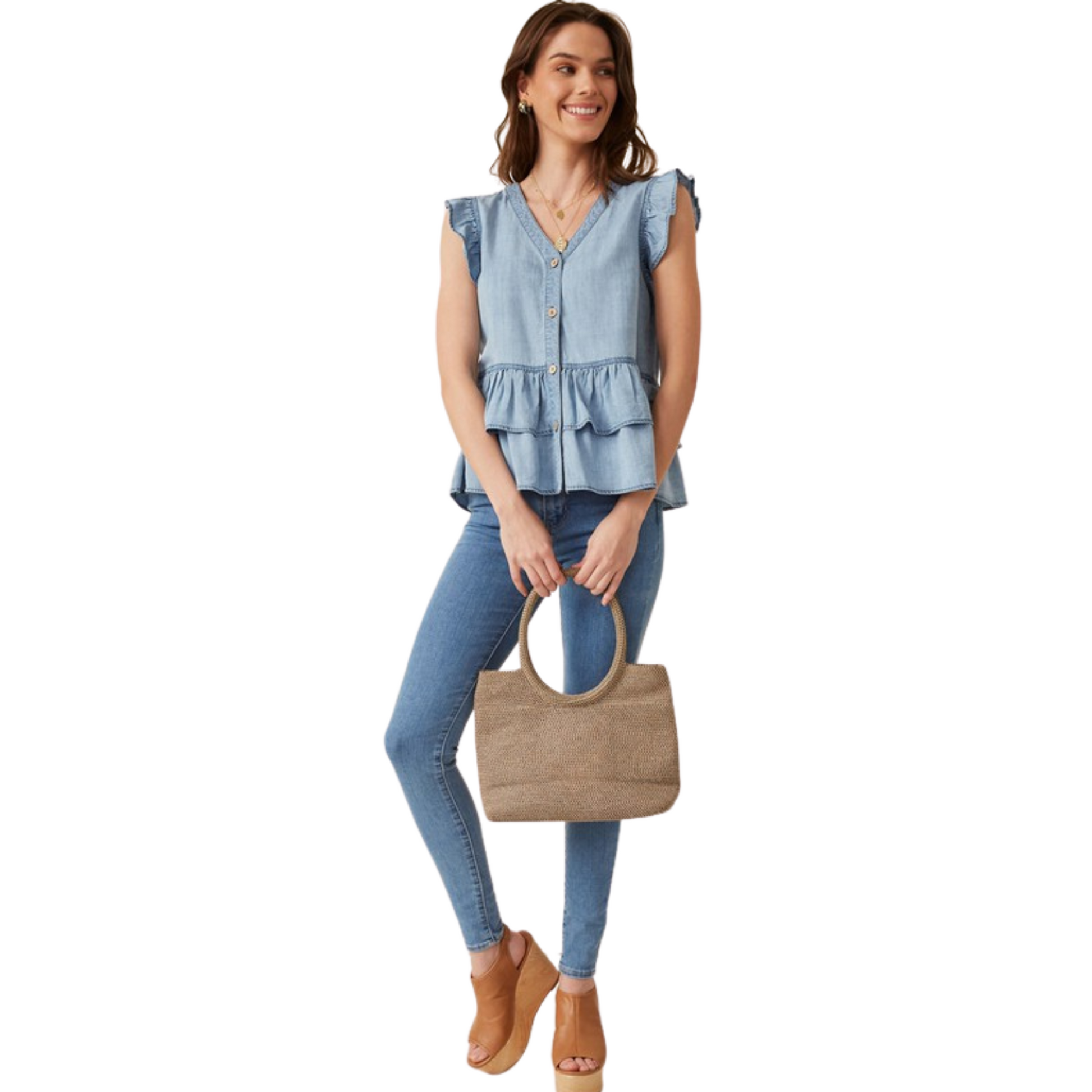 This Ruffled Denim Top is crafted from lightweight woven denim fabric with enriching button and ruffle details. Perfectly stylish and designed to flatter, it's an excellent choice for any warm weather ensemble.