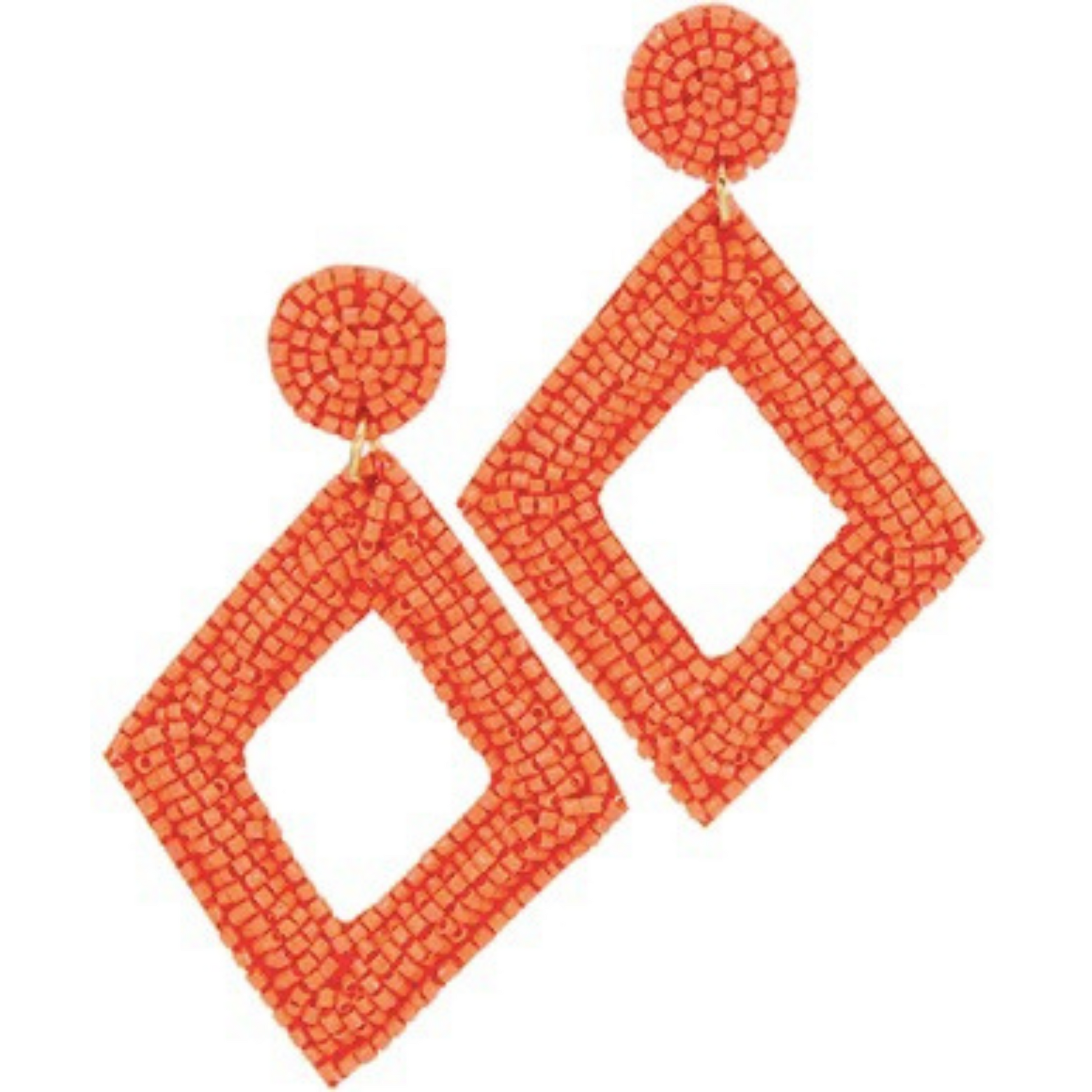 These Diamond Beaded Hoops are perfect for any occasion. Their unique diamond-shaped design features two distinct colors, blue and orange, and includes a beautiful beading that wraps around the entire hoop. They dangle delicately for a stunning effect that is sure to get noticed.
