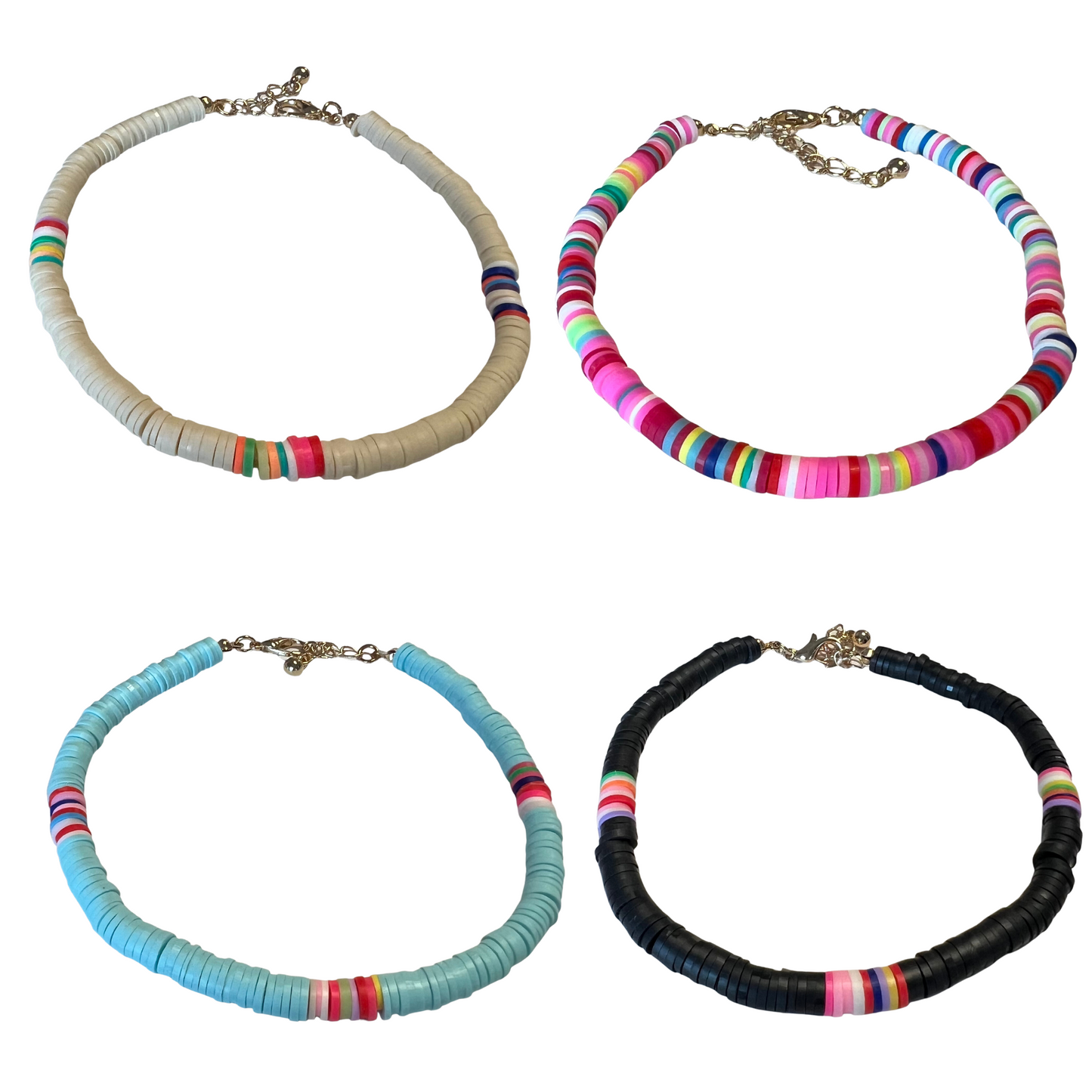 Beaded anklets. Available in multicolor, white, black, and blue