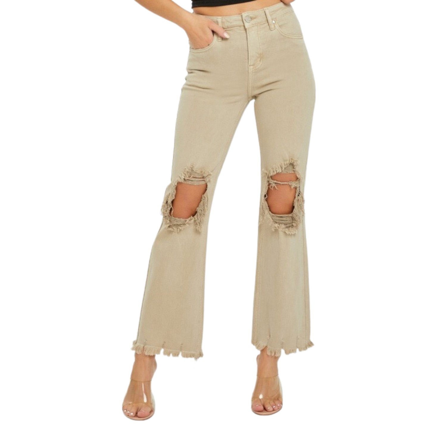 High Rise distressed jeans in khaki