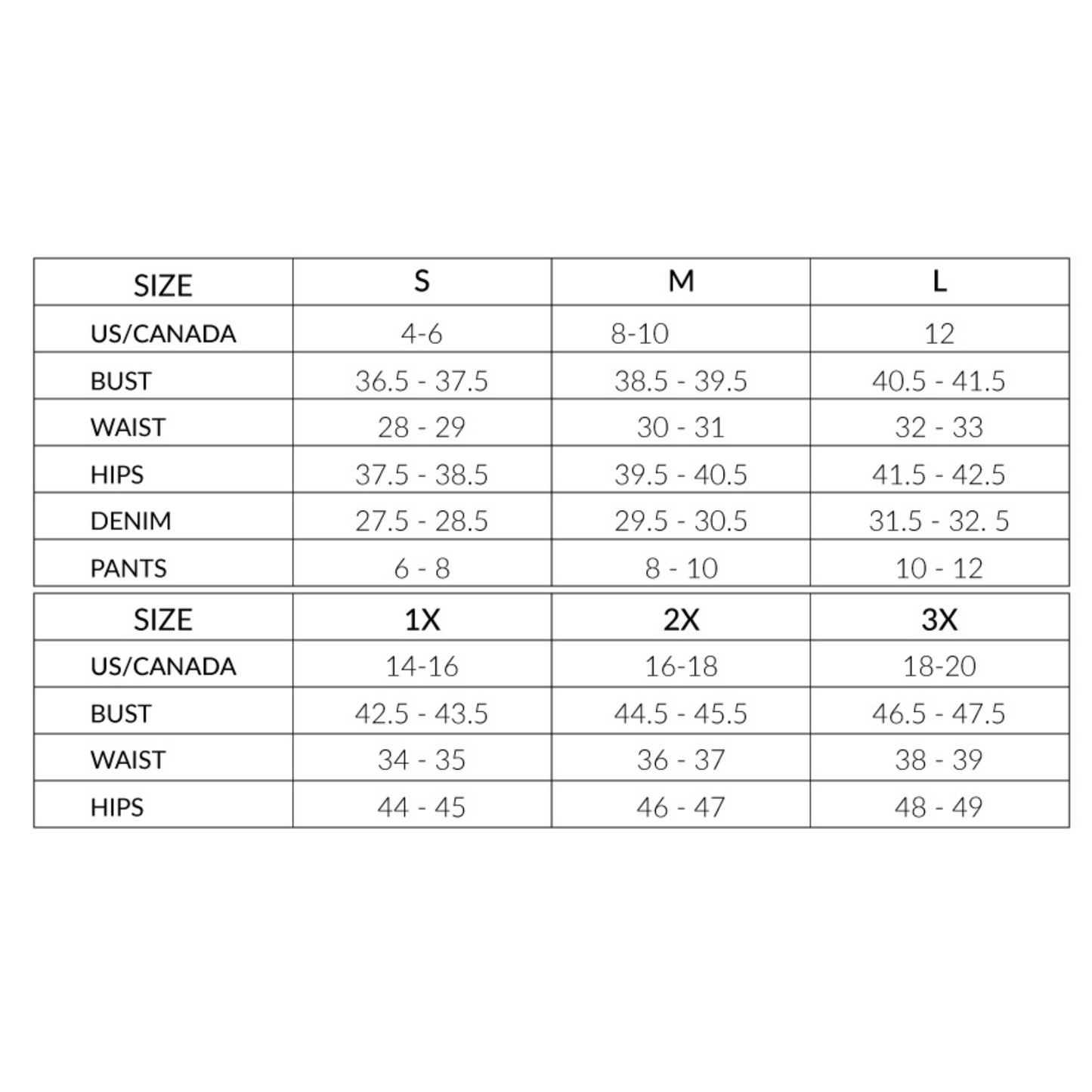 Doe and Rae Size Chart