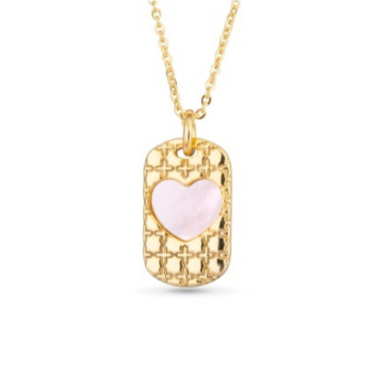 Mother of Pearl Heart Dog Tag Gold Necklace