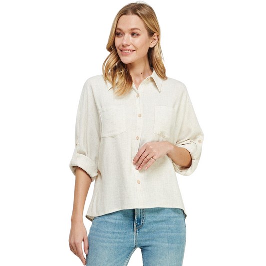 plus size cream colored button up collared dolman top