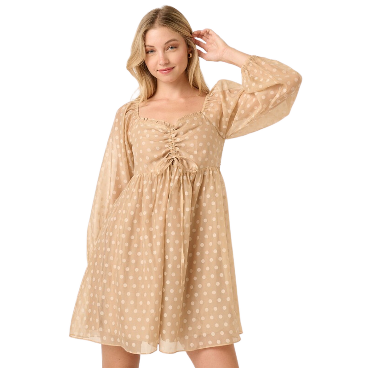 Look sharp in this Dot Jacquard Babydoll dress, crafted with a organza woven fabric. The dress features a princess neckline, long sleeves, ruching detail on the yoke, and a mini length. The sophisticated mocha color creates a timeless, yet stylish ensemble you'll want to wear over and over.