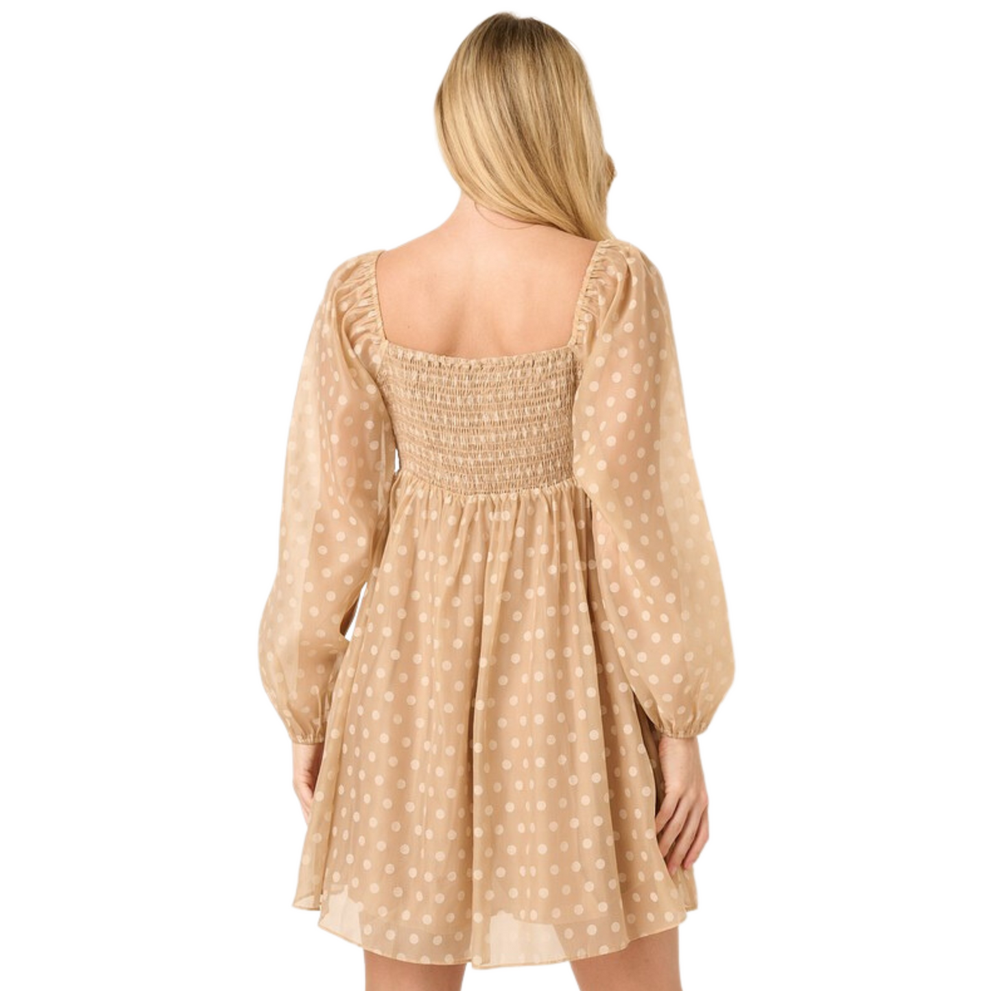 Look sharp in this Dot Jacquard Babydoll dress, crafted with a organza woven fabric. The dress features a princess neckline, long sleeves, ruching detail on the yoke, and a mini length. The sophisticated mocha color creates a timeless, yet stylish ensemble you'll want to wear over and over.