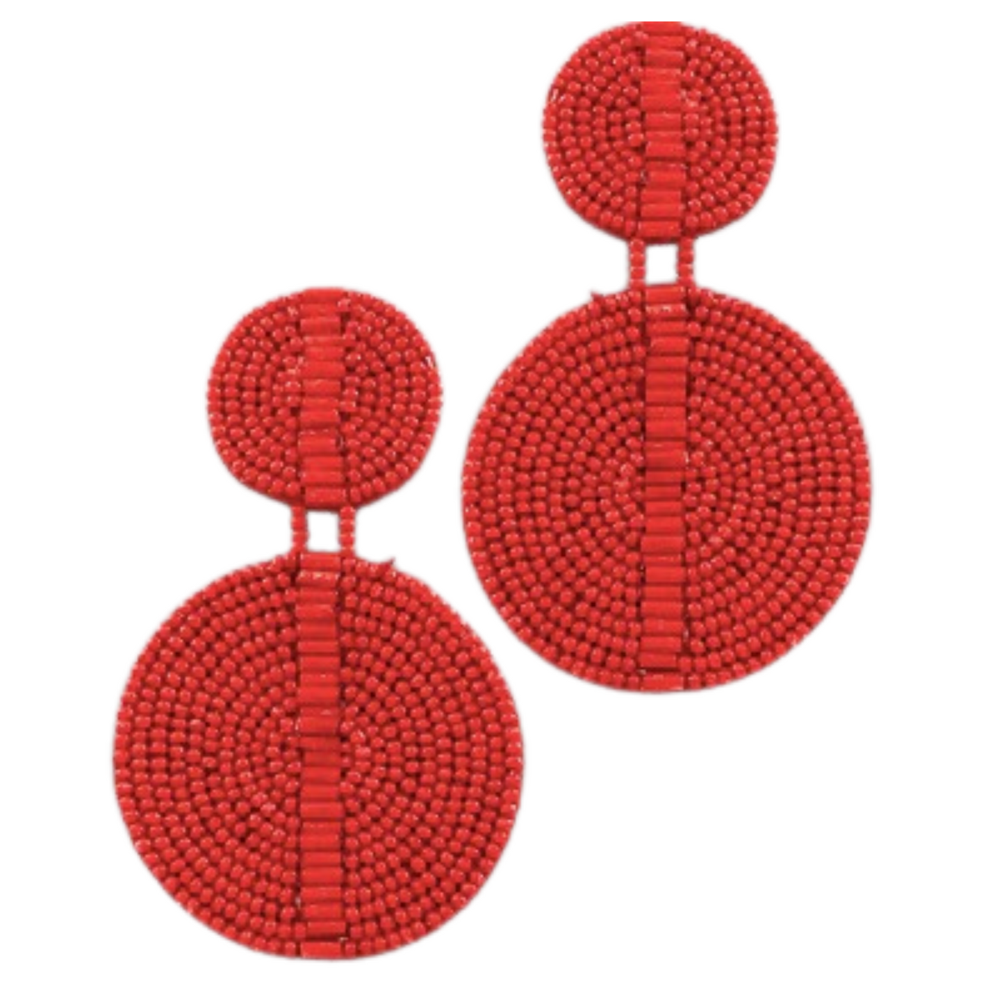 Expertly crafted with red beads, these dangle earrings feature a unique double disc design. The bold color adds a pop of vibrancy to any outfit, while the delicate beads add a touch of elegance. Elevate your style with these statement earrings that are sure to make you stand out.
