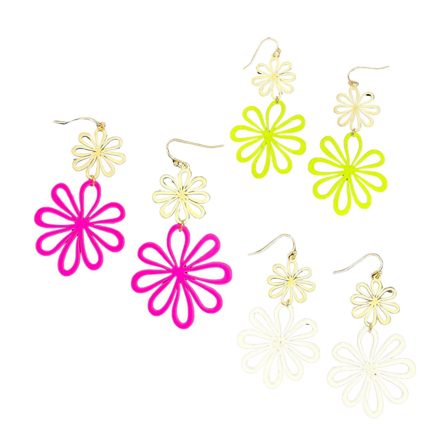 These elegant Double Flower Dangle Earrings are a must-have for any jewelry collection. The flower shaped design and gold accent add a touch of sophistication to any outfit. Available in pink, green, or white, these dangle earrings are the perfect accessory for any occasion.