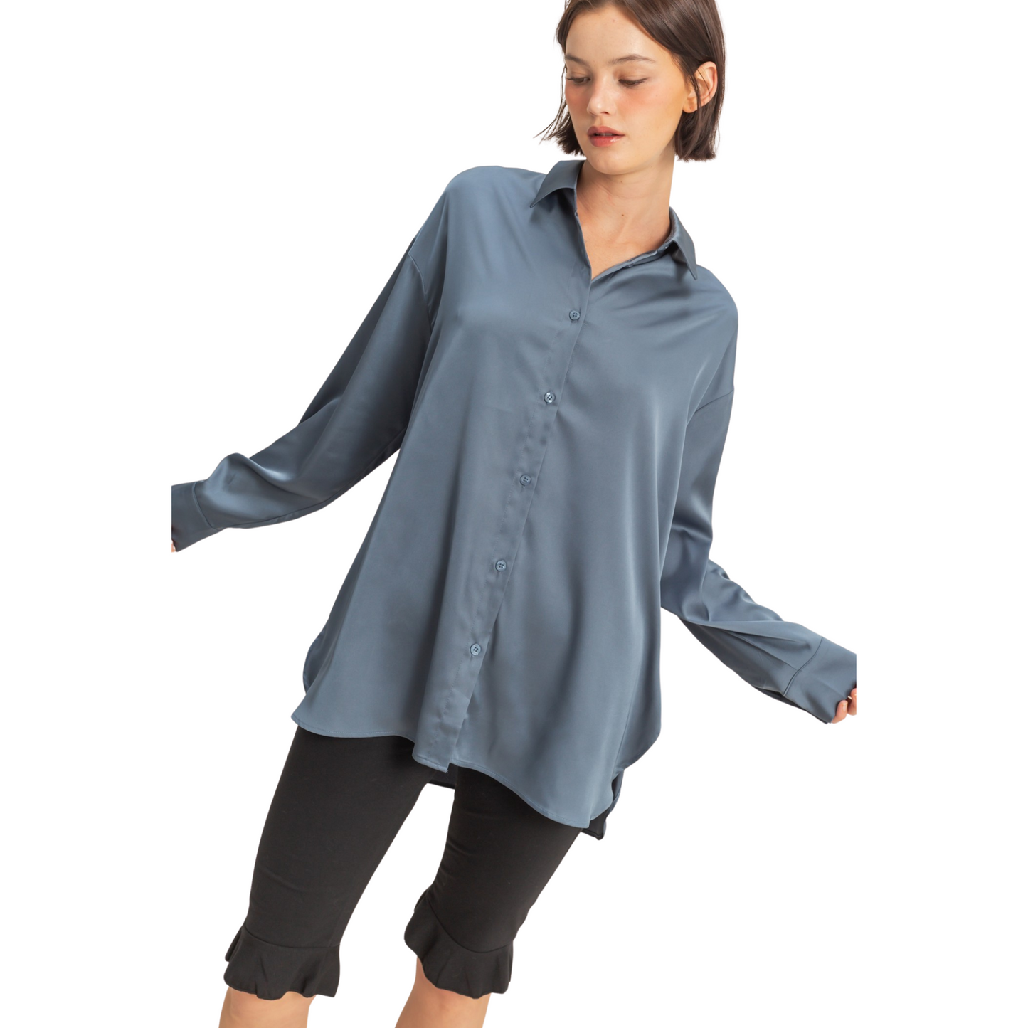 Oversized satin top in dusty navy