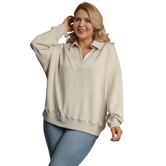 This Johnny Collar Sweatshirt is perfect for plus-size individuals looking for a comfortable and stylish option. The ecru color and v-neck design add a touch of sophistication, while the sweatshirt material provides warmth and coziness. Upgrade your wardrobe with this versatile piece.