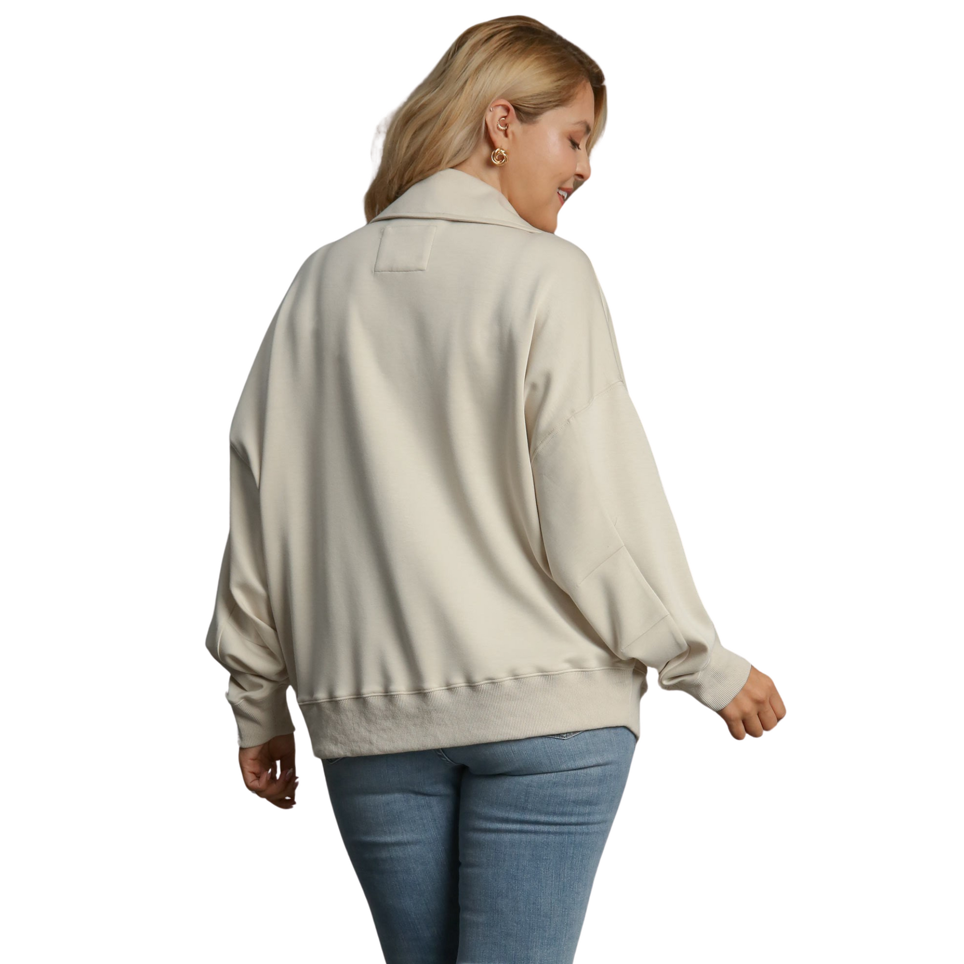 This Johnny Collar Sweatshirt is perfect for plus-size individuals looking for a comfortable and stylish option. The ecru color and v-neck design add a touch of sophistication, while the sweatshirt material provides warmth and coziness. Upgrade your wardrobe with this versatile piece.