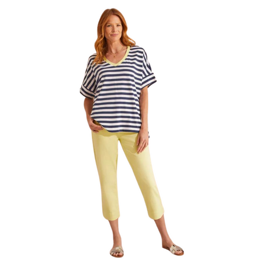 We love low-maintenance staples that offer unique decorative details, and this elbow sleeve top passes with flying colors. We can't get enough of the pop-over v-neck showcasing contrast trim, wide sleeve cuffs, high-low hem, side slits with contrast plackets, and yarn dye jersey fabric with a timeless stripe pattern.