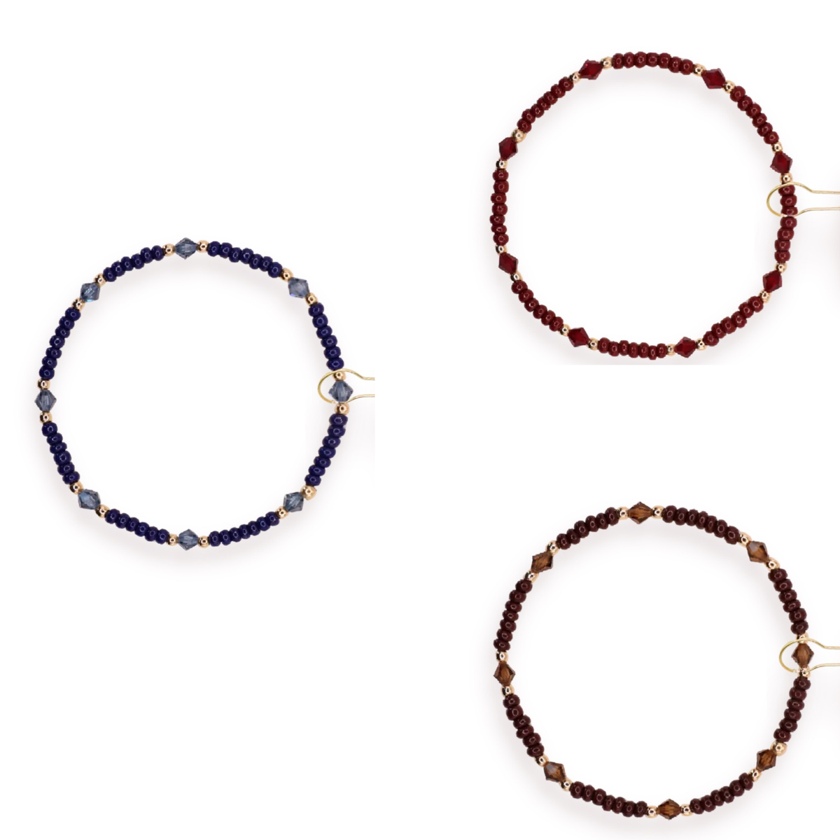 The Eleanor bracelet is a mix of czech glass, 2.5mm gold &amp; swarovski crystal beads. Available in denim, mocha, or burgundy.
