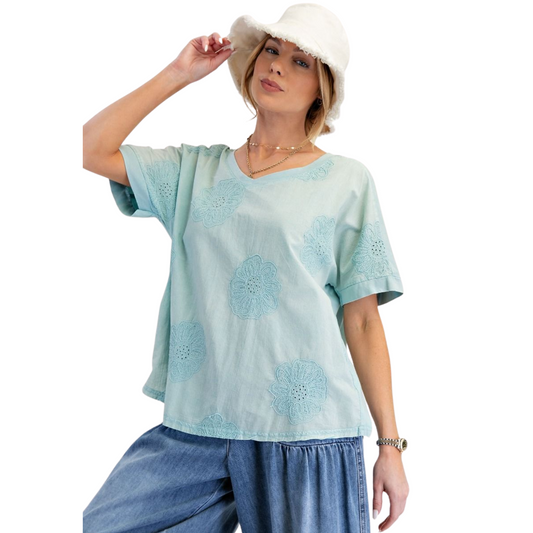 The Mineral Wash Boxy Top by Easel features delicate blue embroidered flowers that add subtle elegance to its laid-back design. Crafted for plus-size comfort, its short sleeves and relaxed boxy fit offer breathability and ease of movement. Ideal for warm days, this top combines soft mineral-washed fabric with expert tailoring to ensure a flattering, comfortable silhouette.