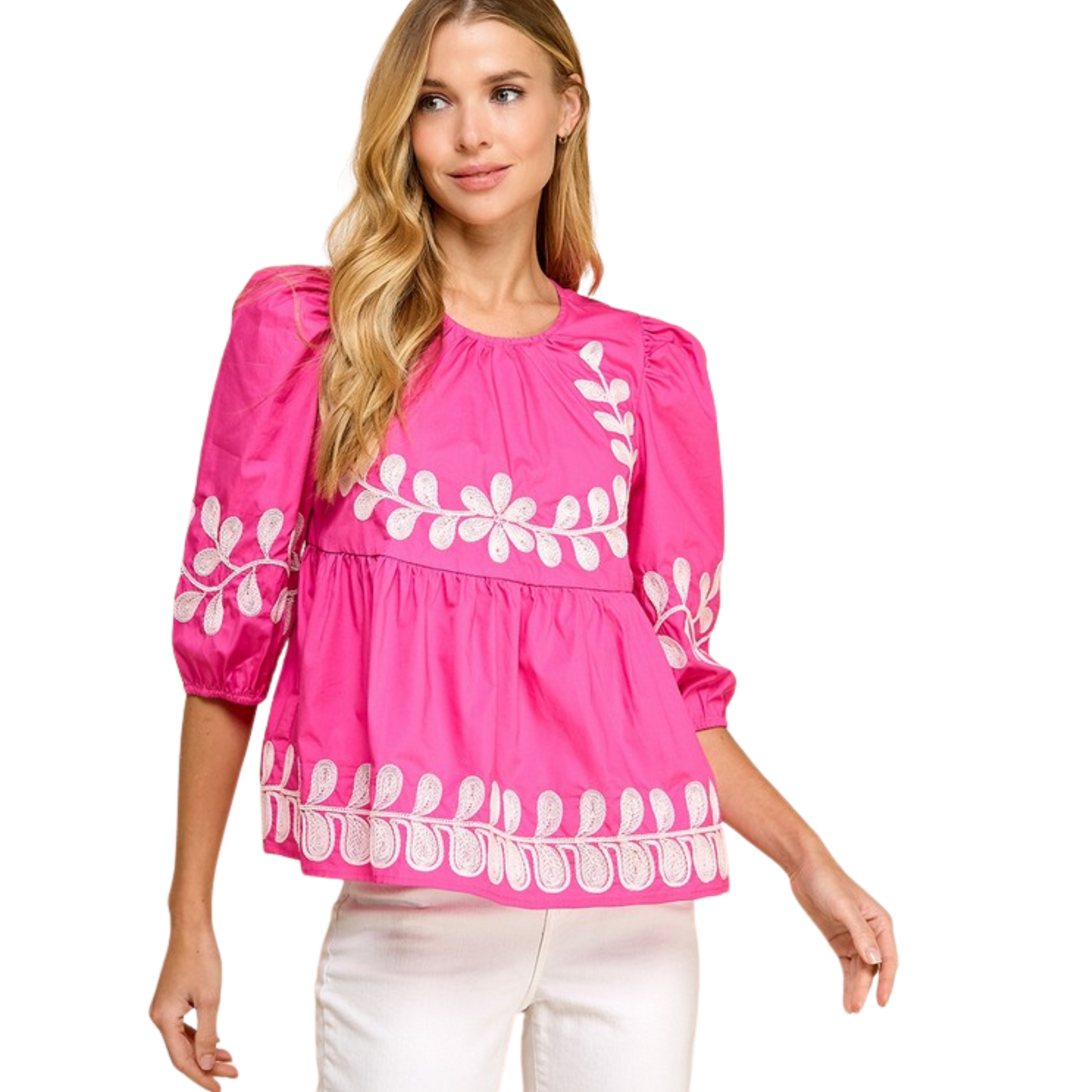 Expertly crafted with a beautiful fuchsia color, this peplum top boasts short puff sleeves and a contrasting embroidered design for a chic look. Complete with a back keyhole and button closures, this top is a statement piece for any occasion.