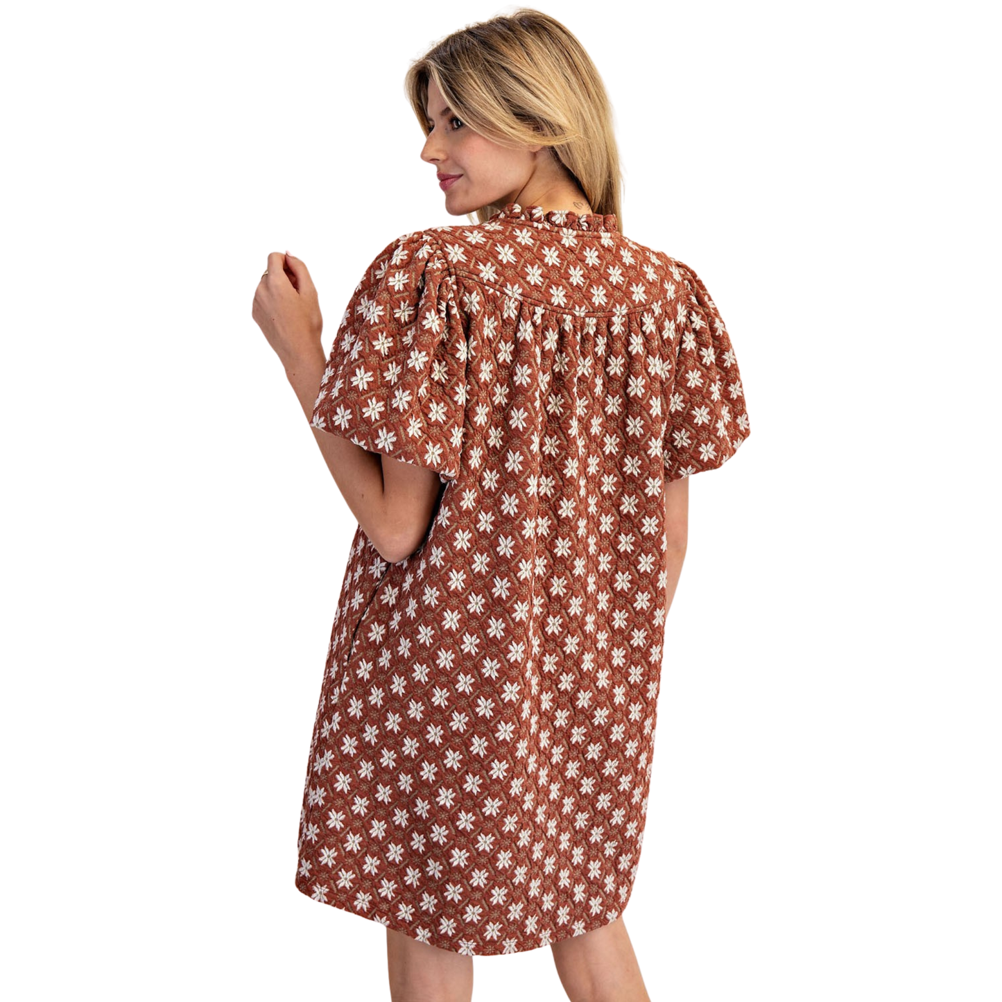 Elevate your wardrobe with this sophisticated mini dress, featuring delicate embroidered detailing against a warm cinnamon backdrop. The romantic floral pattern is complemented by voluminous puff sleeves that add dimension and contemporary flair. Crafted by a trusted brand known for quality construction, this piece transitions seamlessly from casual daytime wear to evening occasions. The structured silhouette and thoughtful design elements make it a versatile addition to any collection.