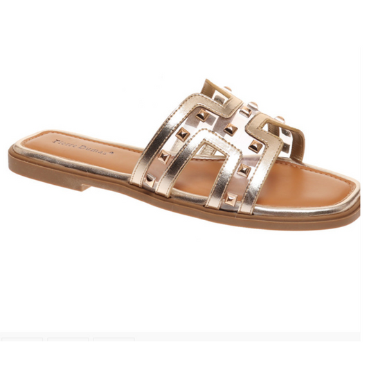Introducing Empress-20, the perfect combination of style and comfort. These gold flat slide sandals feature a stunning stud accent that adds a touch of elegance to any outfit. Step out in confidence and make a statement with Empress-20.