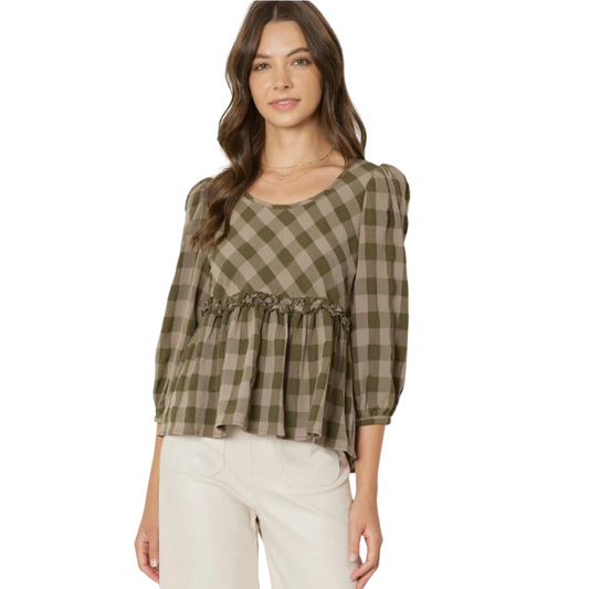 Babydoll peplum top in olive checked pattern