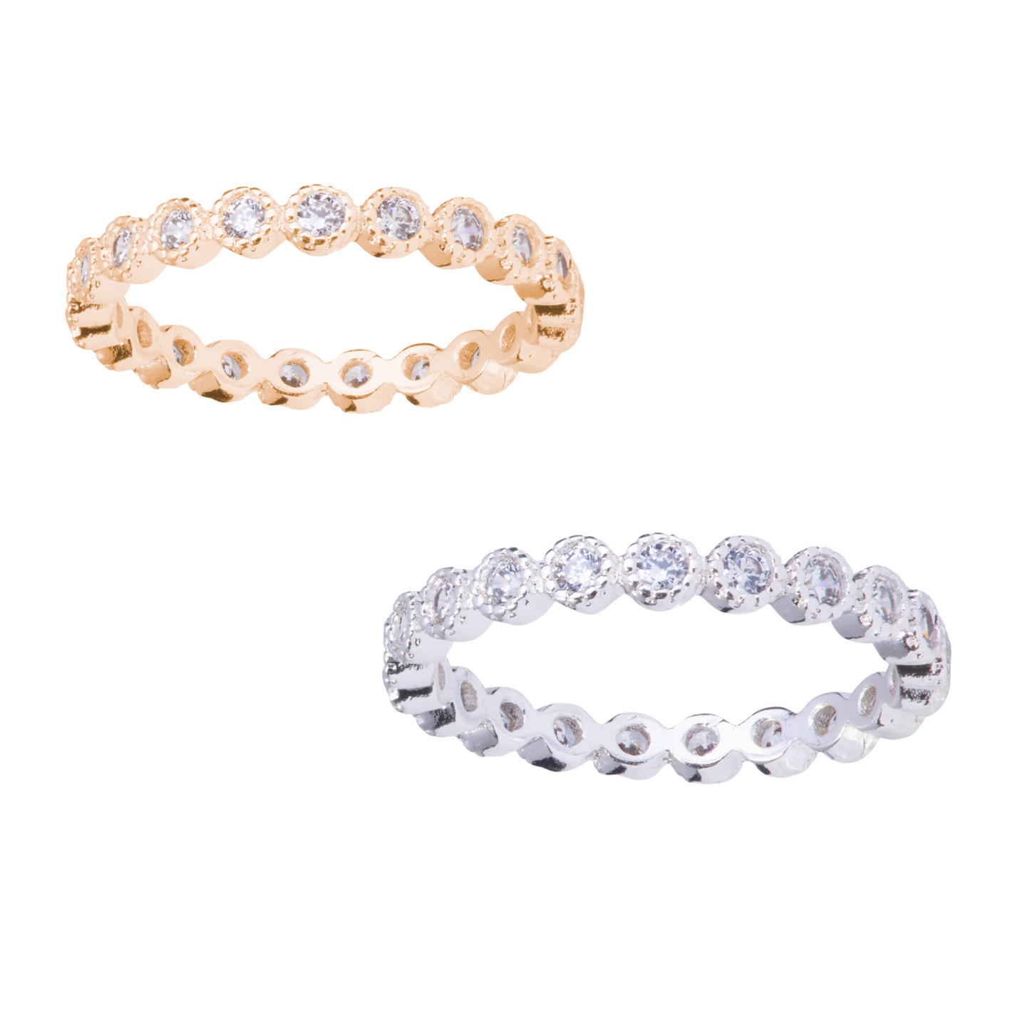 This Circles Eternity Ring is crafted in silver and lined with dazzling rhinestones. Available in sizes 7, 8, and 9, this ring is a timeless and elegant addition to any jewelry collection. Perfect for any occasion, this ring will add a touch of sophistication to any outfit.