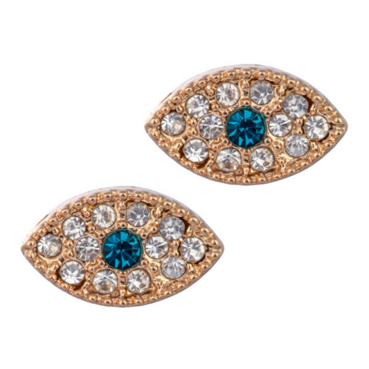 gold evil eye stud earrings with rhinestone accents